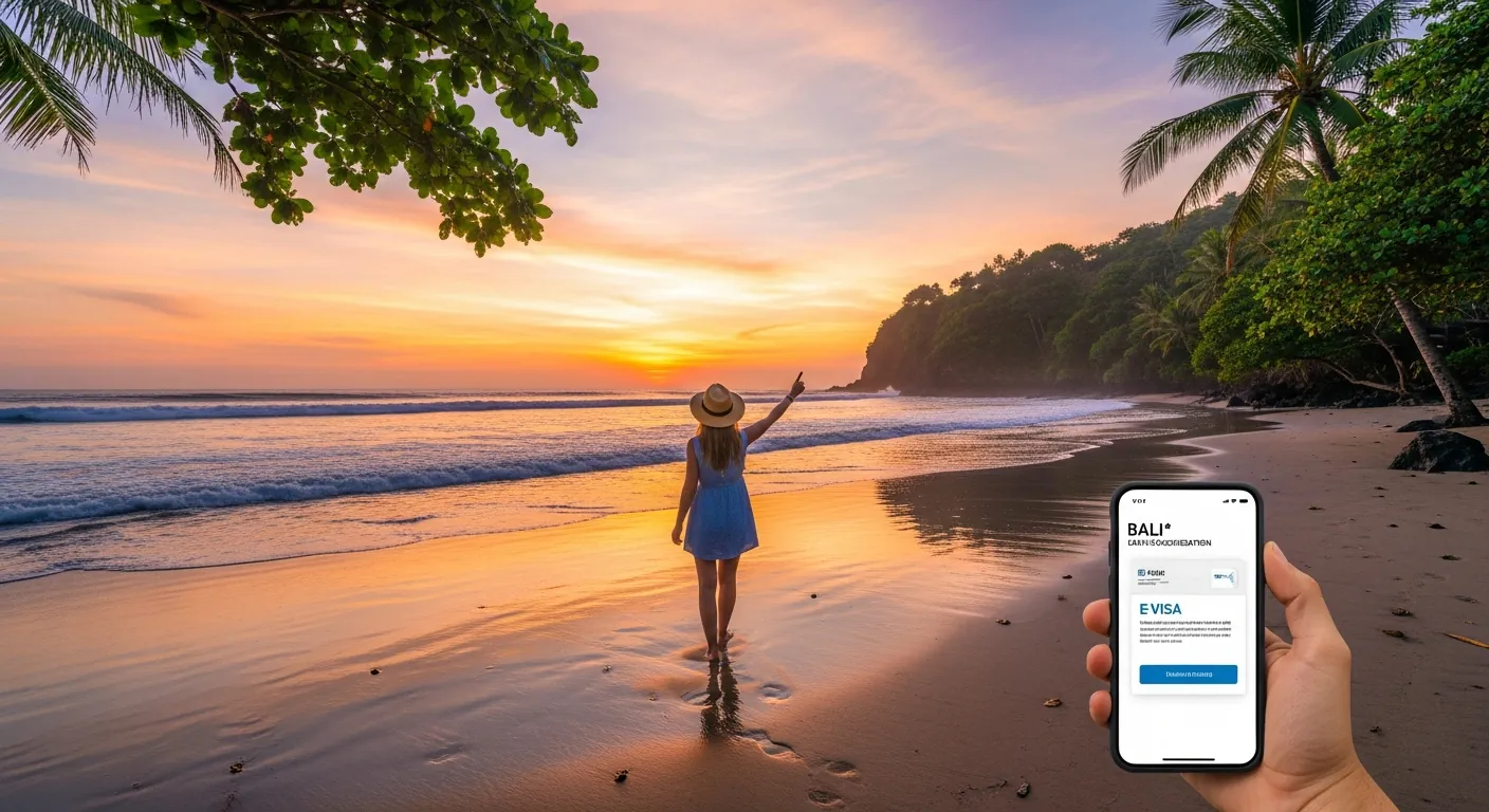 Happy traveler with digital Bali e-visa on phone, enjoying a stunning sunset view on a beautiful Balinese beach.